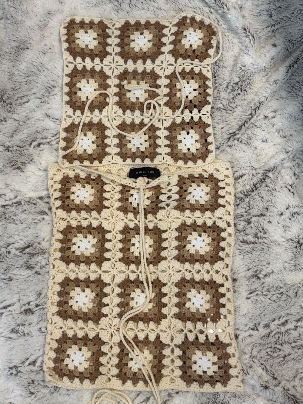 White Fox Boutique Crochet Square Mini Skirt and Crop Top in Cream and Brown